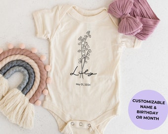 Birth Month Flower Bodysuit | Personalized Baby's Birthday Garment | Gift For New Parents | Baby Gift Bodysuit | Customizable Colors