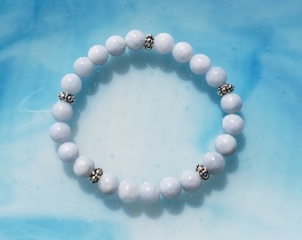 LARGE 8mm Blue Quartz Stretch Gemstone Bracelet - Throat Chakra Healing