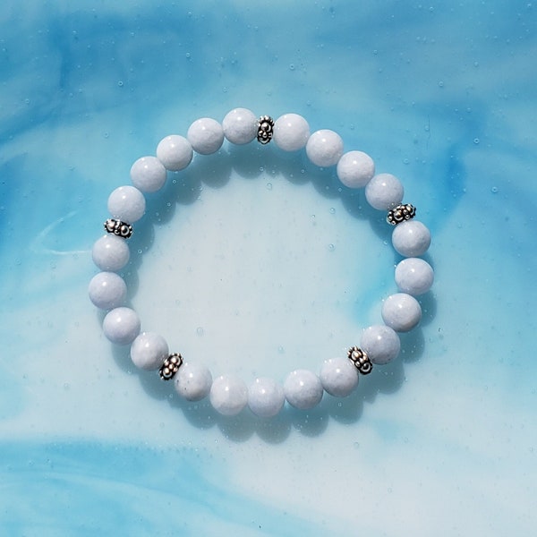 LARGE 8mm Blue Quartz Stretch Gemstone Bracelet. Encourages you to truthfully express and communicate your thoughts and feelings to others.