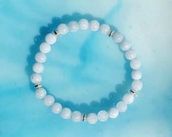 MEDIUM 6mm Blue Quartz Stretch Gemstone Bracelet - Throat Chakra Healing