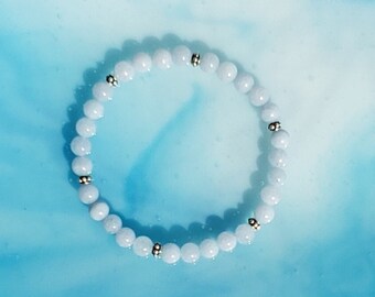 LARGE 6mm Blue Quartz Stretch Gemstone Bracelet - Throat Chakra Healing
