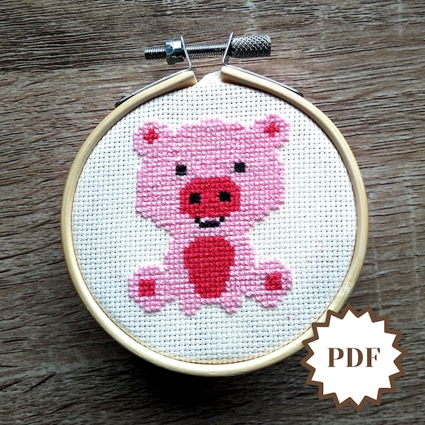 Pig Cross Stitch Pattern, Farmyard Gift, Cute Pink Piggy, Easy Beginners Craft, Instant Download PDF