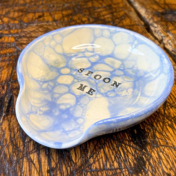 Wheel Thrown Blue Ceramic Bubble Glaze Hand Stamped "Spoon Me" Spoon Rest