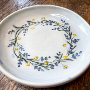 Light Blue Small Wheel Thrown Ceramic Bowl, Hand Painted Lavender Wreath, Ceramic Saucer, Ceramic Trinket Bowl