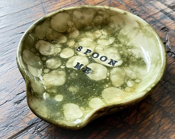 Green Wheel Thrown Bubble Glazed Hand Stamped "Spoon Me" Spoon Rest