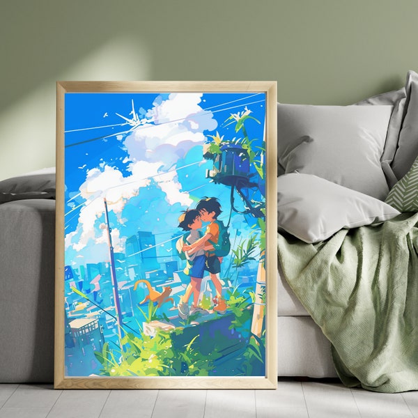 Anime style wall art for kids, fantasy world, beautiful landscape, vivid colors, high detail, digital download, art for bedroom, astronaut