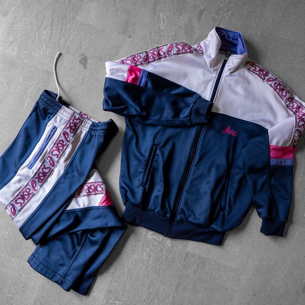 Tuta Asics 1990s vintage originale completa di felpa e pantaloni - Taglia 44-S - blu-fucsia