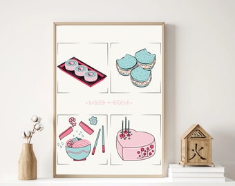 Japanese Foods Poster | Sushi Print | Ramen Print | Pink Art | Cartoon Print Poster | Downloadable Art Print | Digital