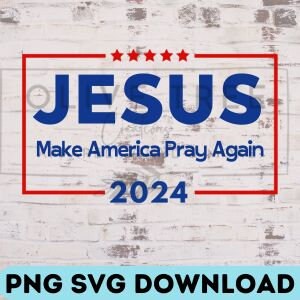 May include: A blue and red graphic with the word "JESUS" in large blue letters, the text "Make America Pray Again" in smaller blue letters, and the year "2024" in red letters. The graphic is surrounded by a red and blue border with five stars in the top center.
