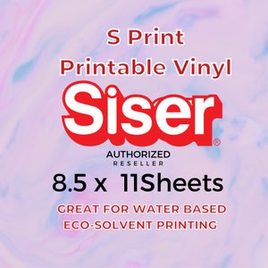 May include: A pack of 11 sheets of 8.5 x 11 inch printable vinyl for use with water-based or eco-solvent printers. The vinyl is red and white with the Siser logo and the text "S Print Printable Vinyl Siser Authorized Reseller".