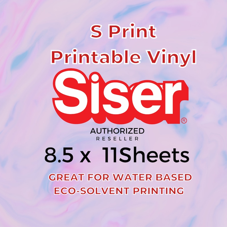 May include: A pack of 11 sheets of 8.5 x 11 inch printable vinyl for use with water-based or eco-solvent printers. The vinyl is red and white with the Siser logo and the text "S Print Printable Vinyl Siser Authorised Reseller".