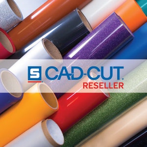 May include: Assortment of colorful vinyl rolls for crafting and design projects. The rolls are in various colors, including red, orange, yellow, green, blue, purple, and black. The rolls are arranged in a pile, with some of the rolls partially visible. The text "CAD-CUT. RESELLER" is visible on a white banner.