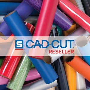 May include: A variety of colorful vinyl rolls for crafting and DIY projects. The rolls are in different colors, including red, blue, green, purple, orange, and silver. The rolls are stacked on top of each other, and the image is taken from a close-up perspective. The image also includes the text "CAD-CUT RESELLER".