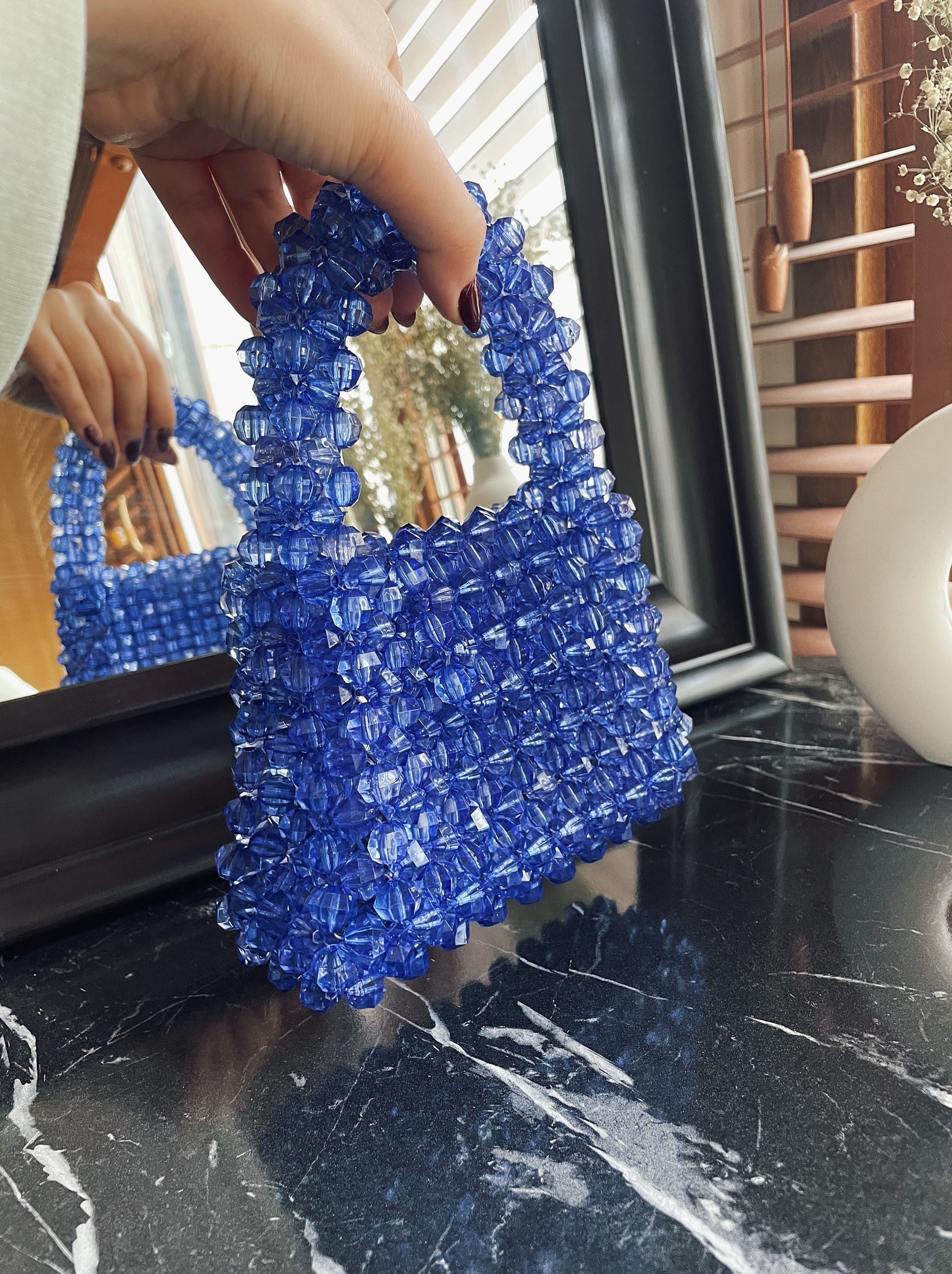 Blue Crystal Bead Bag Bead Bag Vintage Blue Beaded Handbag 