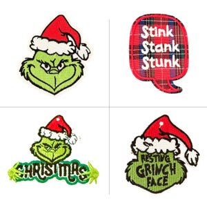 May include: Four embroidered patches featuring the Grinch. One shows the Grinch's face wearing a Santa hat. Another has the words "Stink Stank Stunk" in a speech bubble. The other two patches show the Grinch with the words "Christmas" and "Resting Grinch Face".