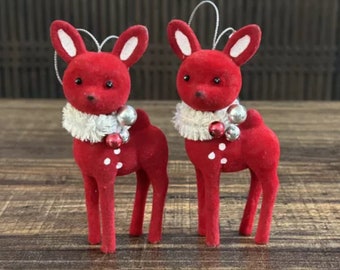 Vintage Red Velvet Standing Christmas Reindeer Deer Set Of 2