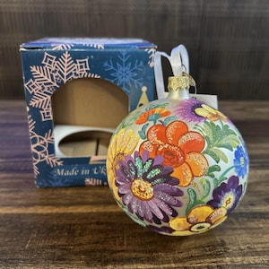 Ukrainian Petrykivka Painting Glass Ball Christmas Ornament 4 Inches