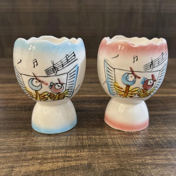 Vintage Egg Cups Singing Chicks Blue & Pink On White With Wavy Rims Set Of 2
