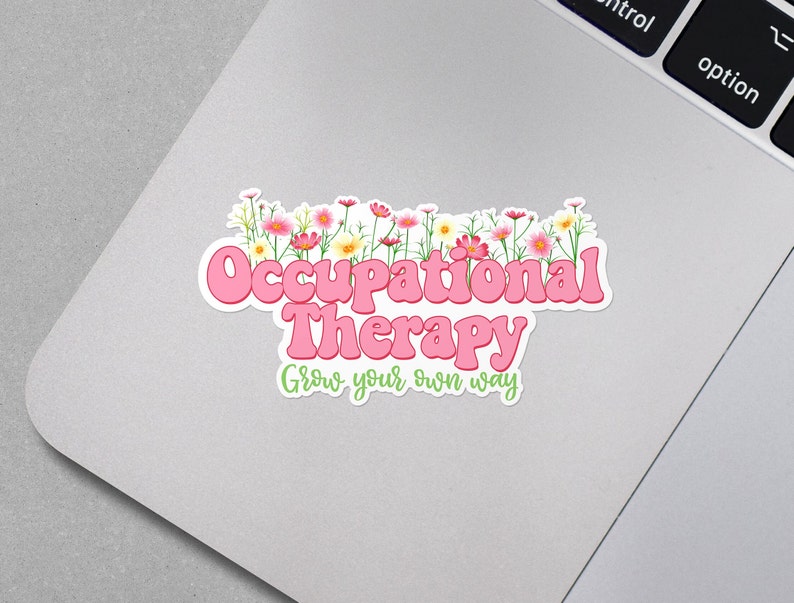 Pode incluir: Etiqueta rosa e verde com o texto "Occupational Therapy" em uma fonte retr&ocirc;, com uma borda de flores rosas e o texto "Grow your own way" abaixo.