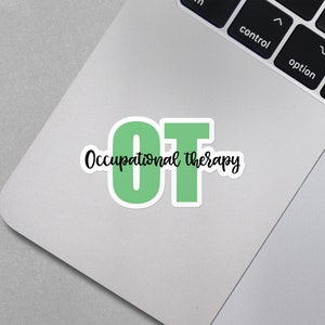 Puede incluir: Pegatina verde y blanca con las letras "OT" y el texto "Occupational Therapy" en negro.