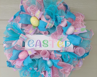 Pastel Easter Egg Wreath: Turquoise Blue & Pink Spring Decor