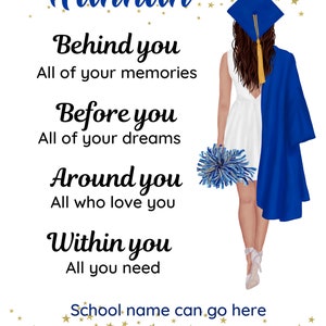 Tarjeta de GRADUACIÓN para niña personalizable ARCHIVO DIGITAL Escuela secundaria Universidad 8.º grado animadora baloncesto birrete y toga