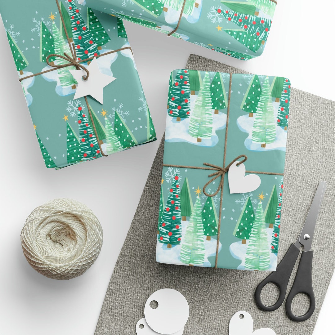 Cute Christmas Tree With Snow Wrapping Paper Rolls Sage Green Etsy
