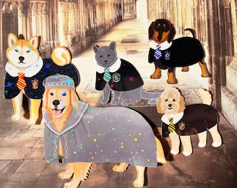 Pup & Cat Wizard Crew Sticker - Halloween Sorcerer Costume Cat and Puppies Single Sticker and Team Pack - Waterproof Holographic Stickers