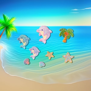 Beach-Themed Holographic Stickers - Dolphins, Starfishes, Clams & Tropical Tree - Laminated Waterproof Holographic Stickers