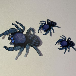May include: Three blue and black jumping spiders with large eyes. The spiders are made of fabric and have a 3D effect.