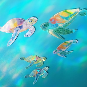 Sea Turtle Family Stickers (5pcs) - Waterproof Holographic Stickers - Perfect for Journal, Laptop, Tumblers - Pack of Five Stickers
