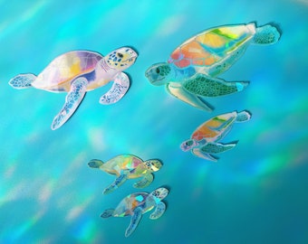 Sea Turtle Family Stickers (5pcs) - Waterproof Holographic Stickers - Perfect for Journal, Laptop, Tumblers - Pack of Five Stickers