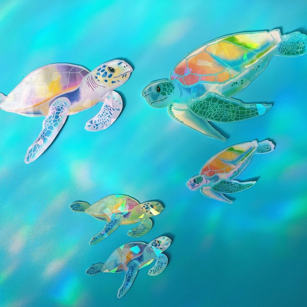 Sea Turtle Family Stickers (5pcs) - Waterproof Holographic Stickers - Perfect for Journal, Laptop, Tumblers - Pack of Five Stickers
