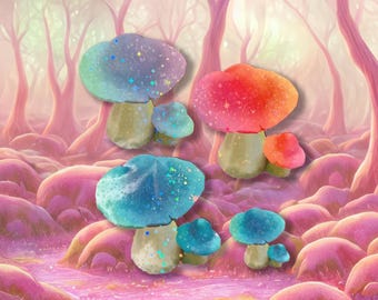Mushroom Stickers - Waterproof, Holographic, and Colorful - For Laptops, Water Bottles, Planners, and more! Great Gift for Mushroom Lovers!