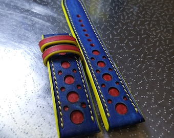 Correa de reloj Rally azul/rojo/amarillo hecha a mano compatible con BELL ROSS, u boat seiko y otros. x 3