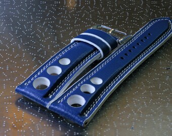Correa de reloj hecha a mano de rally AZUL y BLANCO compatible con panerai u boat seiko y otros.