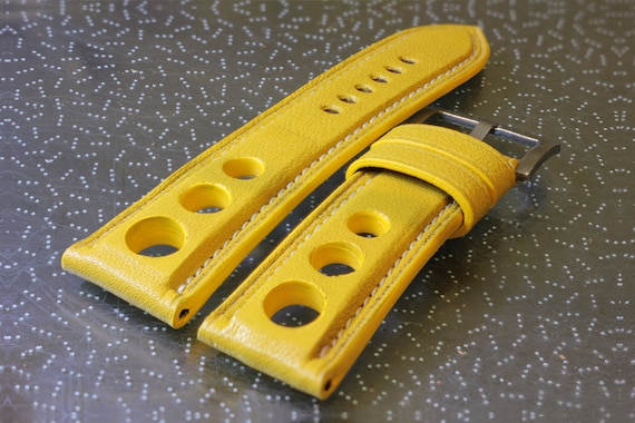 Yellow rally handmade watch strap compatible with panerai u boat seiko and others. 24mm