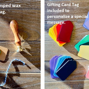 May include: A set of colorful gift tags with scalloped edges. The tags are arranged in a fan shape on a wooden surface. A wax seal stamp and a tag with a blue wax seal are also shown. "Gifting Card Tag included to personalize a special message." is written on the image.