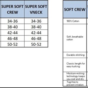 May include: Size chart for soft crew and super soft crew and v-neck t-shirts.  Sizes range from S to XXL.  Measurements are in inches.  Fabric details and features are listed for each style.