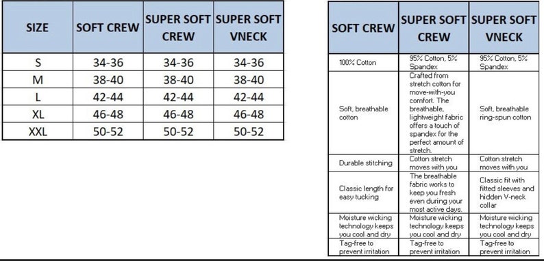 May include: Size chart for soft crew and super soft crew and v-neck t-shirts.  Sizes range from S to XXL.  Measurements are in inches.  Fabric details and features are listed for each style.