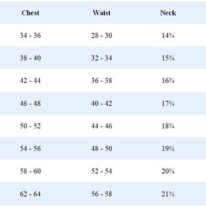 May include: A size chart for clothing with measurements in inches for chest, waist, neck, and sleeve. The chart includes sizes S, M, L, XL, 2XL, 3XL, 4XL, and 5XL.