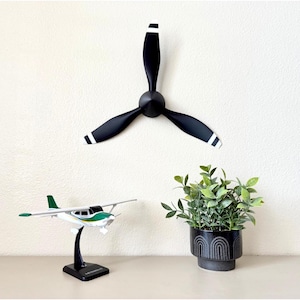 May include: A black propeller wall decoration with white stripes, a small model aeroplane, and a potted green plant in a black planter with a geometric pattern.