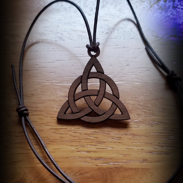 Trinity Necklace on leather cord; Infinity Celtic Knot Triquetra Pendant in Walnut wood with round leather cord. adjustable