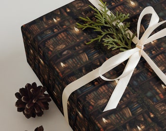 May include: A gift box wrapped in brown paper with a bookshelf pattern. The box is tied with a white ribbon and a sprig of greenery.