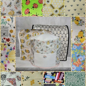 May include: A collection of fabric items with bee and insect patterns. The items include a round container with a white pocket and a button, and two rectangular covers. The fabrics feature bees, ladybugs, and floral designs.
