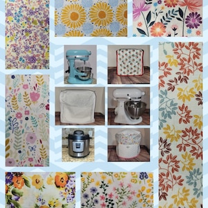 May include: A collage of images featuring various floral patterns and kitchen appliance covers. The patterns include sunflowers, leaves, and small flowers in shades of yellow, blue, pink, and green. The covers are designed to fit a stand mixer and a slow cooker.