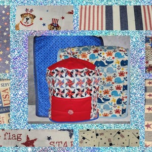 May include: A collage of patriotic fabric patterns. Featured are fabrics with stars, stripes, and pinwheel designs in red, white, and blue. Some fabrics have text that reads "FOREVER USA" and "to the flag".