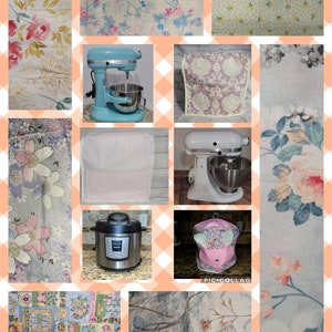 May include: Collage of images featuring floral patterned fabric, kitchen appliances, and a pink and white patterned fabric with the text "PIC COLLAG" printed on it.