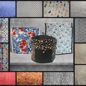May include: A collection of fabric swatches in various patterns and colors, including floral, geometric, and polka dot designs. The swatches are arranged in a grid pattern on a gray background. There is also a black and white fabric swatch with a Mickey Mouse pattern.