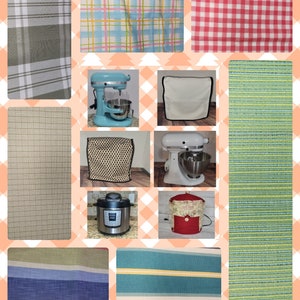 May include: A collage of images featuring various kitchen textiles, including plaid, striped, and checkered patterns in a variety of colors. The collage also includes images of kitchen appliances, such as a stand mixer, a slow cooker, and a food processor.